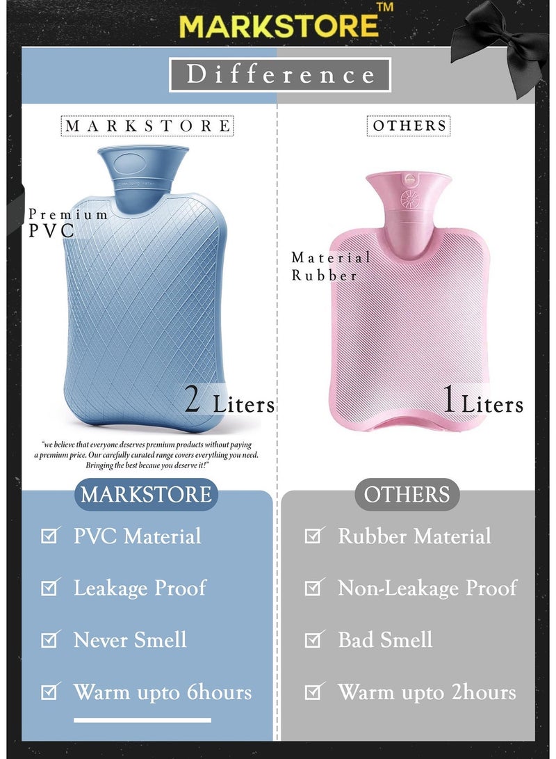 مارك ستور زجاجة ماء ساخن مع غطاء ناعم 2 لتر كيس ماء ساخن مطاطي كلاسيكي للتشنجات والرقبة وتخفيف آلام الكتفين، حزمة باردة ساخنة للعلاج الساخن والبارد وتدفئة القدمين - Image 3